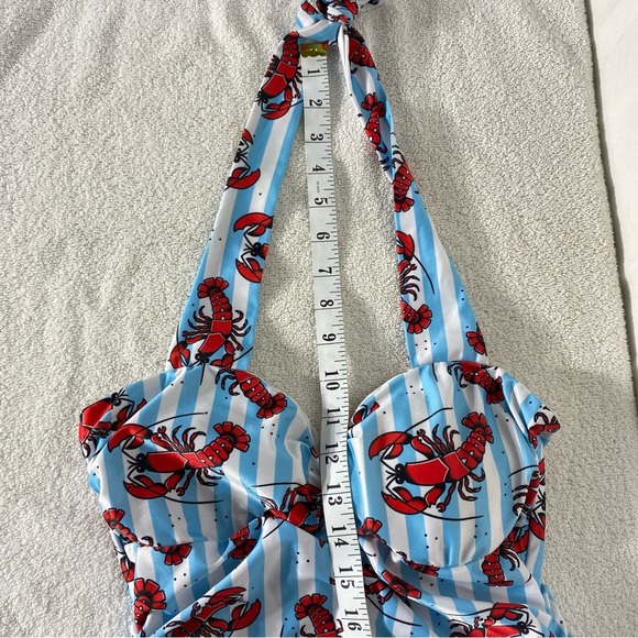 Sourpuss Blue White Striped Red Lobster Print One Piece Swimsuit Bathing Suit S - Picture 8 of 16